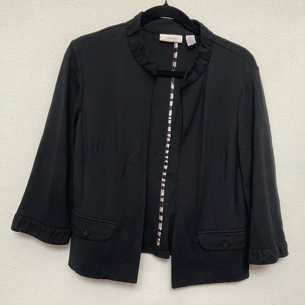 Chicos Black Open Front Ruffle Neck Blazer Jacket Size 1 US M/8 Career Work